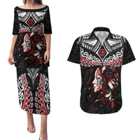 New Zealand Maori Girl Couples Matching Puletasi and Hawaiian Shirt Silver Fern and Koru Pattern LT03 Black - Polynesian Pride