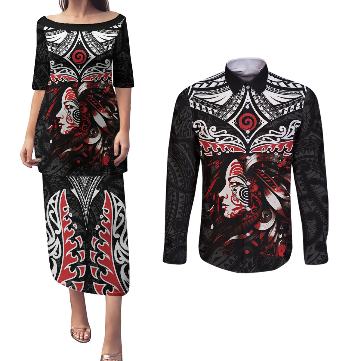 New Zealand Maori Girl Couples Matching Puletasi and Long Sleeve Button Shirt Silver Fern and Koru Pattern LT03 Black - Polynesian Pride