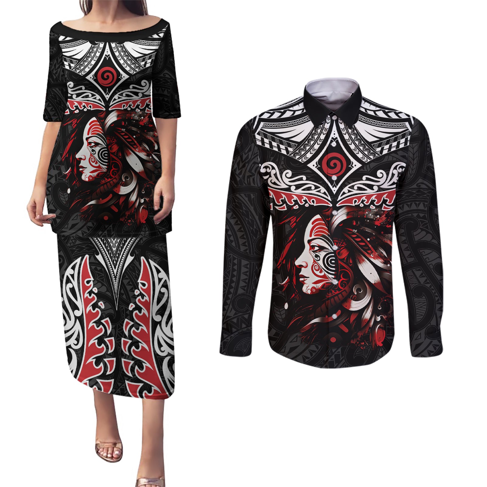 New Zealand Maori Girl Couples Matching Puletasi and Long Sleeve Button Shirt Silver Fern and Koru Pattern LT03 Black - Polynesian Pride