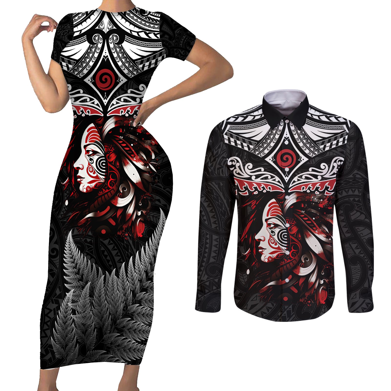 New Zealand Maori Girl Couples Matching Short Sleeve Bodycon Dress and Long Sleeve Button Shirt Silver Fern and Koru Pattern LT03 Black - Polynesian Pride