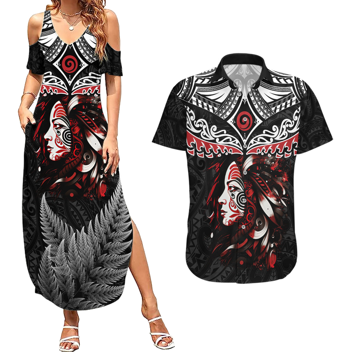 New Zealand Maori Girl Couples Matching Summer Maxi Dress and Hawaiian Shirt Silver Fern and Koru Pattern LT03 Black - Polynesian Pride