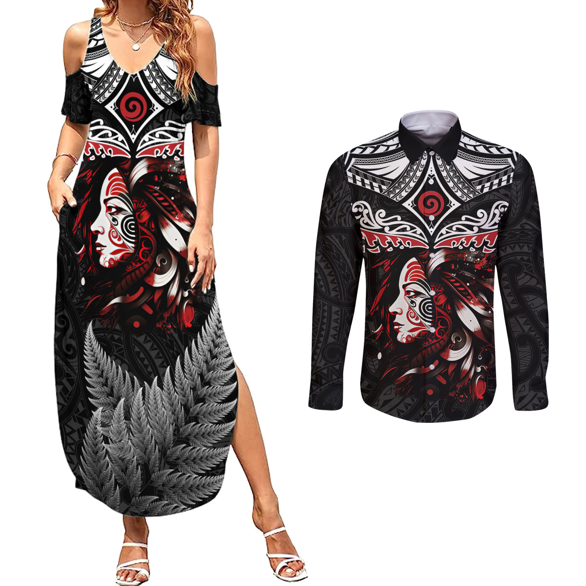 New Zealand Maori Girl Couples Matching Summer Maxi Dress and Long Sleeve Button Shirt Silver Fern and Koru Pattern LT03 Black - Polynesian Pride