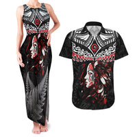 New Zealand Maori Girl Couples Matching Tank Maxi Dress and Hawaiian Shirt Silver Fern and Koru Pattern LT03 Black - Polynesian Pride