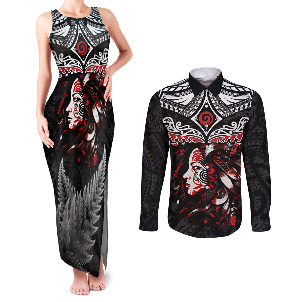 New Zealand Maori Girl Couples Matching Tank Maxi Dress and Long Sleeve Button Shirt Silver Fern and Koru Pattern LT03 Black - Polynesian Pride