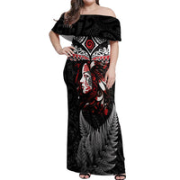 New Zealand Maori Girl Off Shoulder Maxi Dress Silver Fern and Koru Pattern LT03 Women Black - Polynesian Pride