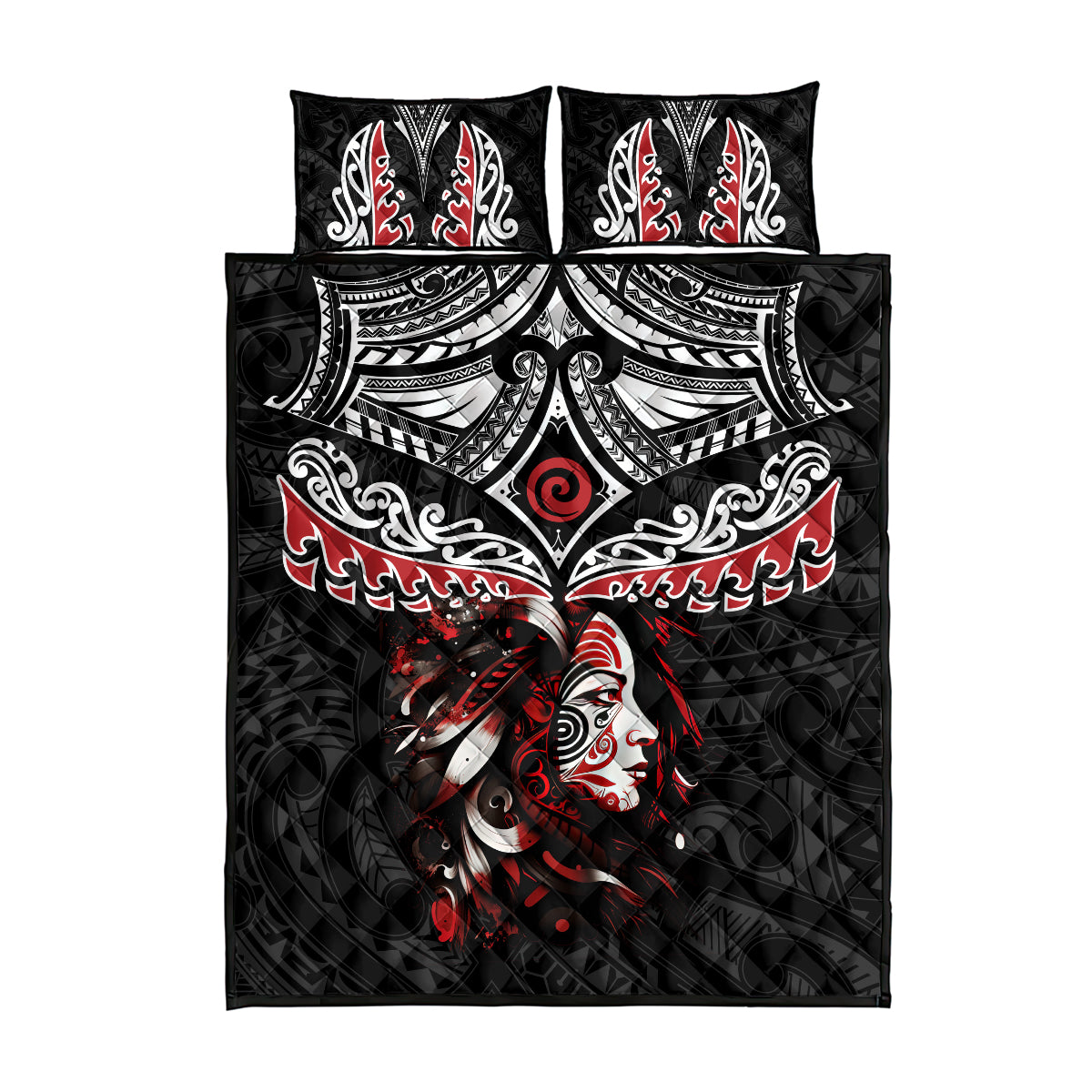 New Zealand Maori Girl Quilt Bed Set Silver Fern and Koru Pattern