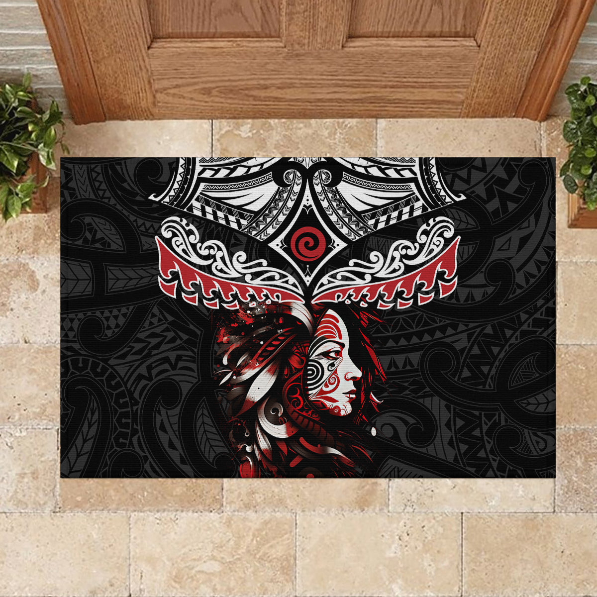 New Zealand Maori Girl Rubber Doormat Silver Fern and Koru Pattern