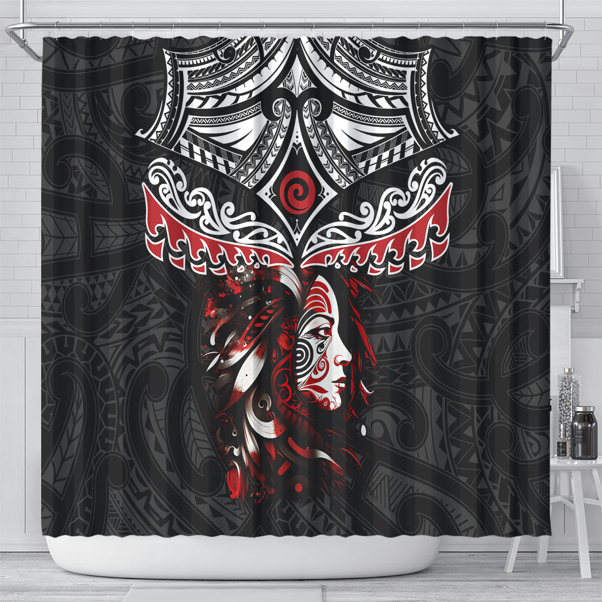 New Zealand Maori Girl Shower Curtain Silver Fern and Koru Pattern