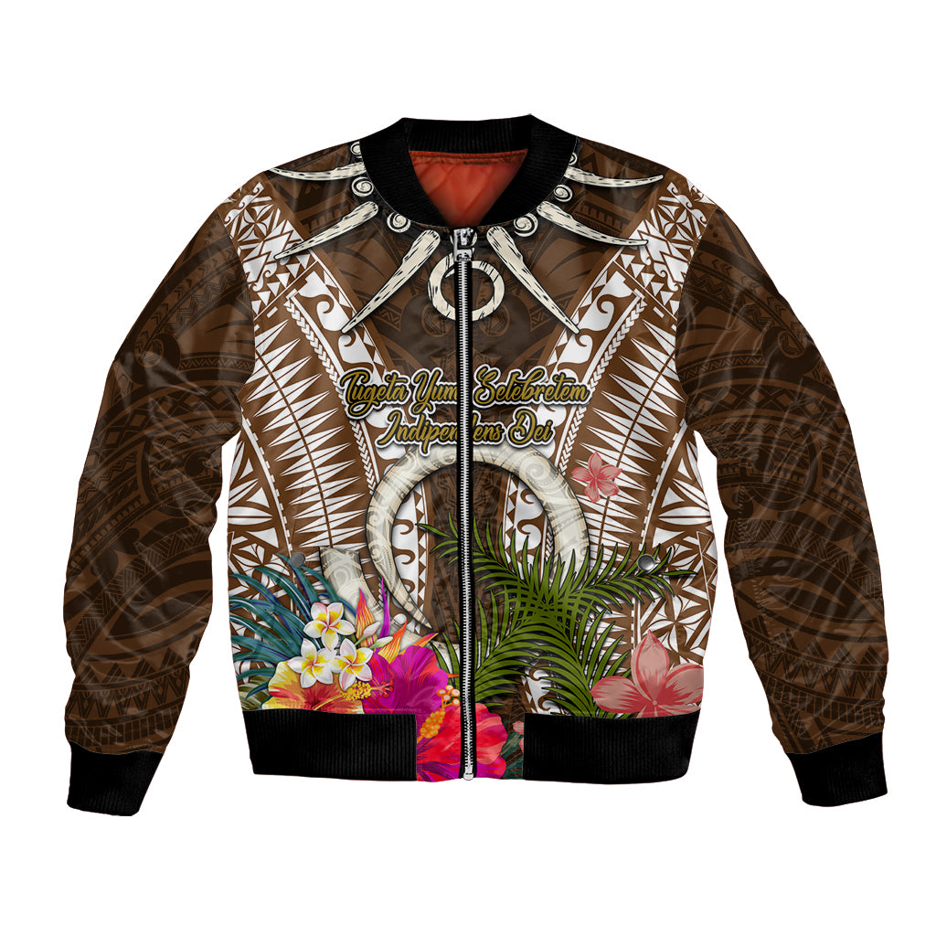 Vanuatu Selebretem 44th Indipendens Dei Bomber Jacket Yumi Pig Tusk and Namele Fern LT03 Unisex Brown - Polynesian Pride