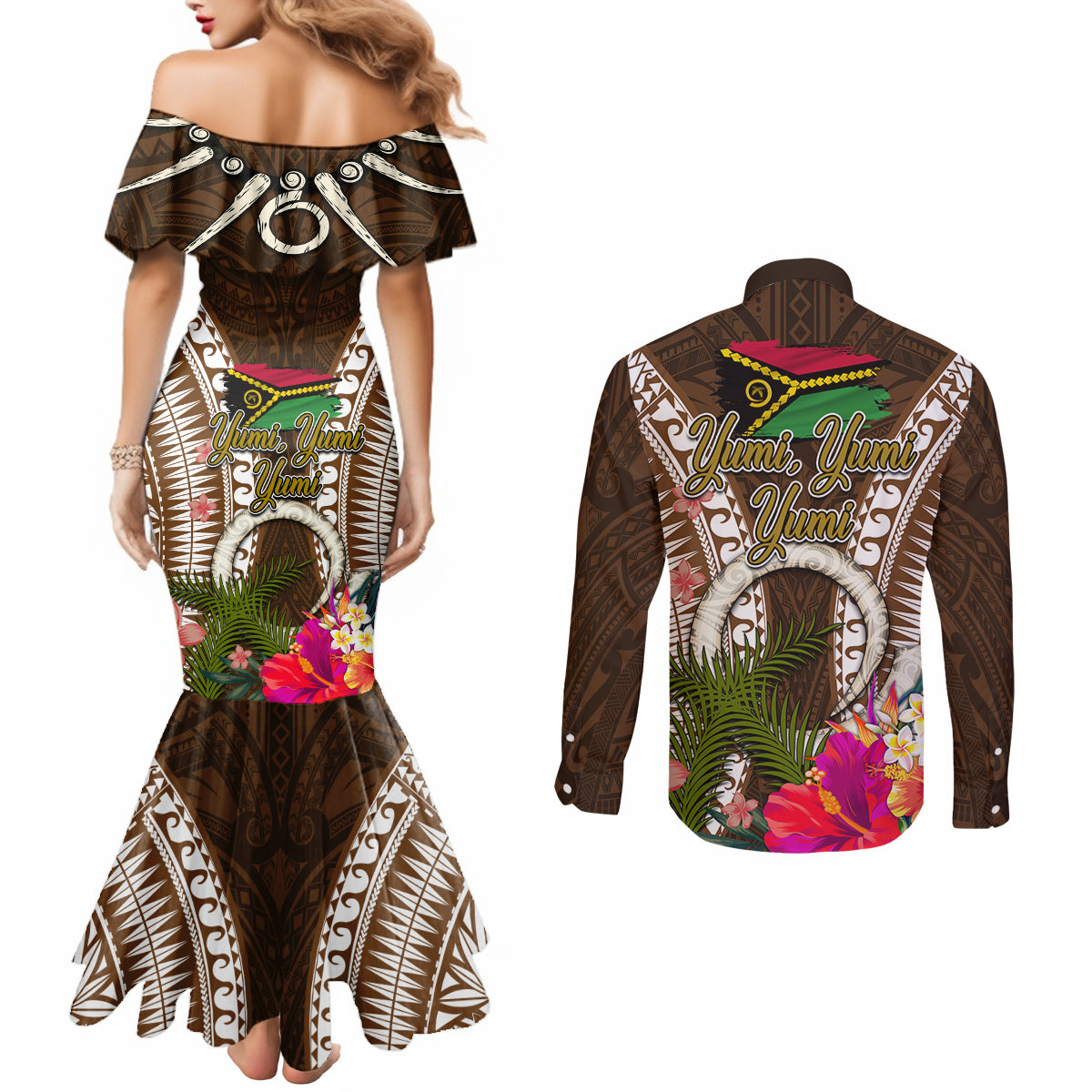 Vanuatu Selebretem 44th Indipendens Dei Couples Matching Mermaid Dress and Long Sleeve Button Shirt Yumi Pig Tusk and Namele Fern