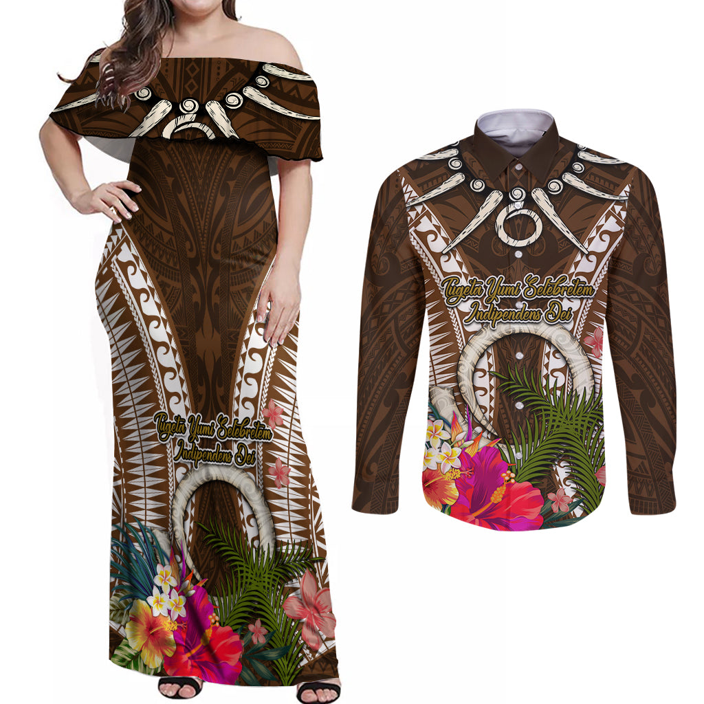 Vanuatu Selebretem 44th Indipendens Dei Couples Matching Off Shoulder Maxi Dress and Long Sleeve Button Shirt Yumi Pig Tusk and Namele Fern