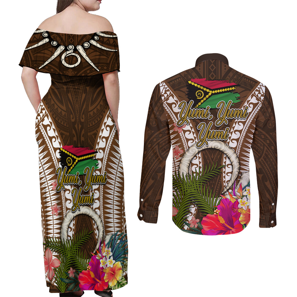 Vanuatu Selebretem 44th Indipendens Dei Couples Matching Off Shoulder Maxi Dress and Long Sleeve Button Shirt Yumi Pig Tusk and Namele Fern