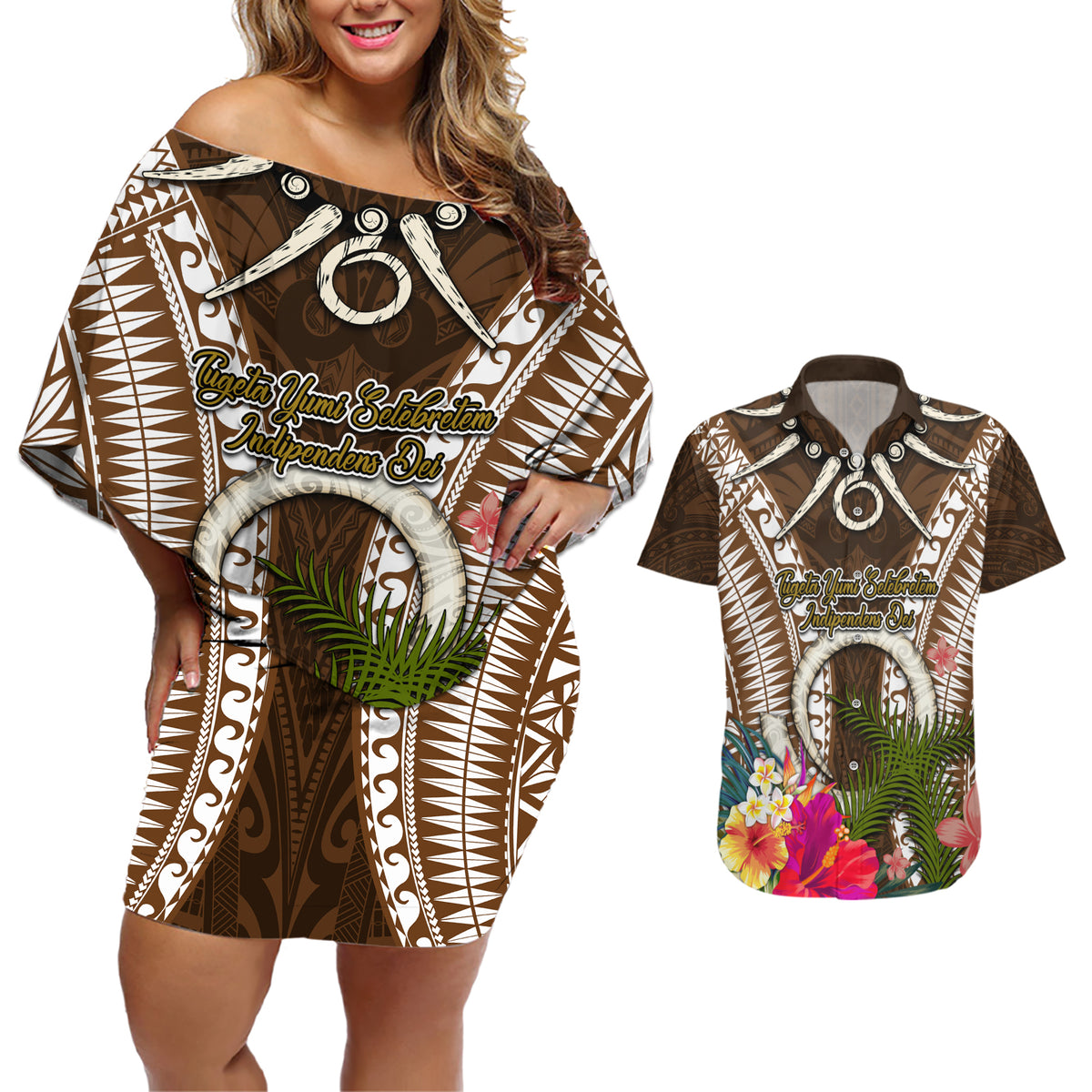 Vanuatu Selebretem 44th Indipendens Dei Couples Matching Off Shoulder Short Dress and Hawaiian Shirt Yumi Pig Tusk and Namele Fern