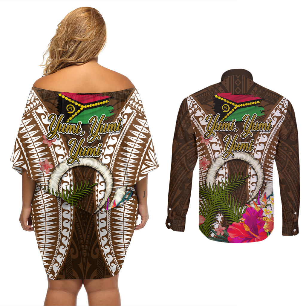 Vanuatu Selebretem 44th Indipendens Dei Couples Matching Off Shoulder Short Dress and Long Sleeve Button Shirt Yumi Pig Tusk and Namele Fern