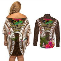 Vanuatu Selebretem 44th Indipendens Dei Couples Matching Off Shoulder Short Dress and Long Sleeve Button Shirt Yumi Pig Tusk and Namele Fern