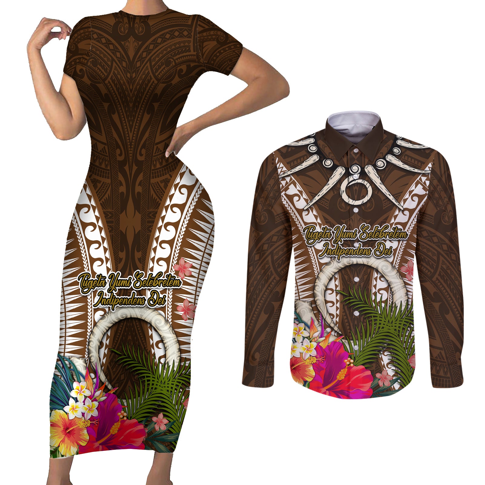 Vanuatu Selebretem 44th Indipendens Dei Couples Matching Short Sleeve Bodycon Dress and Long Sleeve Button Shirt Yumi Pig Tusk and Namele Fern