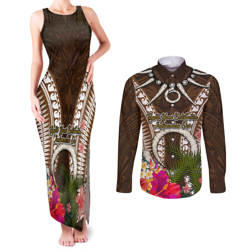Vanuatu Selebretem 44th Indipendens Dei Couples Matching Tank Maxi Dress and Long Sleeve Button Shirt Yumi Pig Tusk and Namele Fern