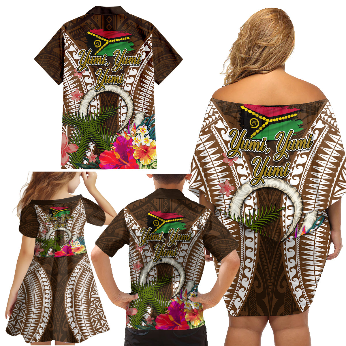 Vanuatu Selebretem 44th Indipendens Dei Family Matching Off Shoulder Short Dress and Hawaiian Shirt Yumi Pig Tusk and Namele Fern