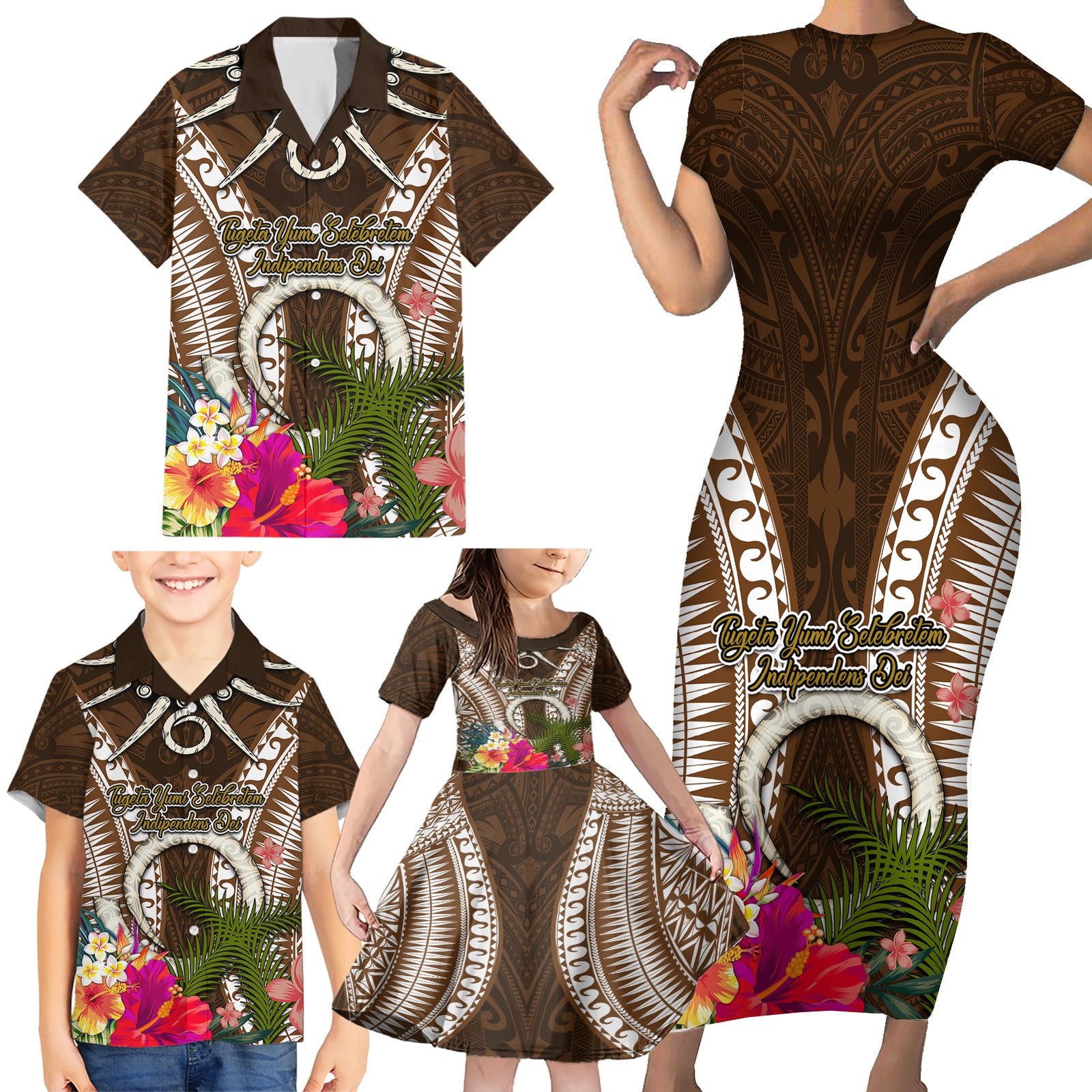 Vanuatu Selebretem 44th Indipendens Dei Family Matching Short Sleeve Bodycon Dress and Hawaiian Shirt Yumi Pig Tusk and Namele Fern LT03 - Polynesian Pride
