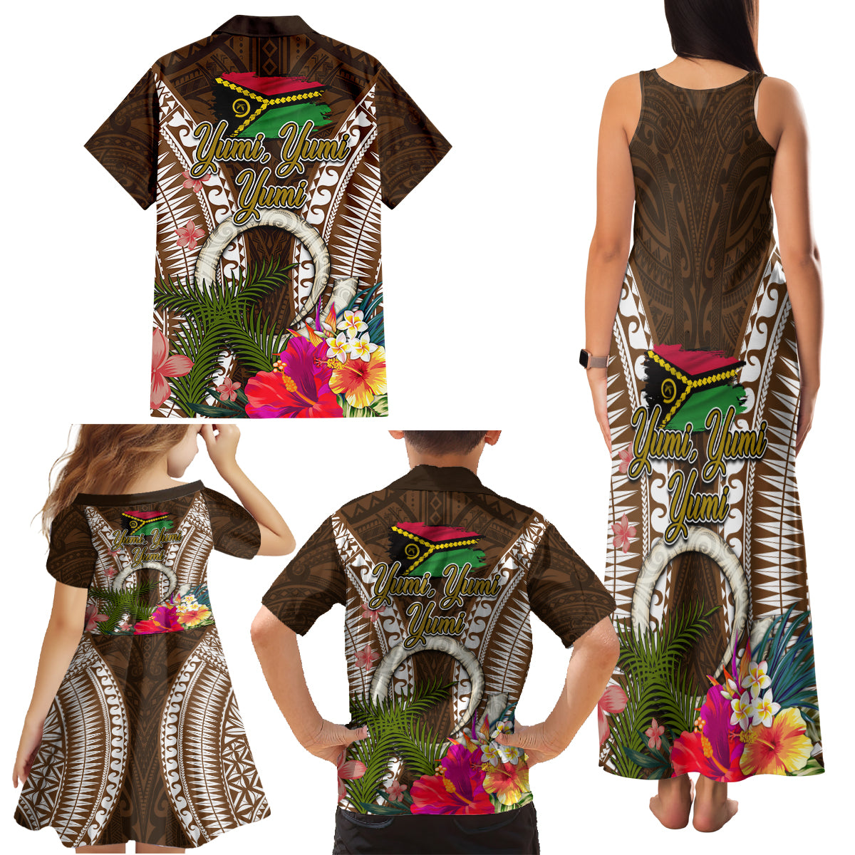 Vanuatu Selebretem 44th Indipendens Dei Family Matching Tank Maxi Dress and Hawaiian Shirt Yumi Pig Tusk and Namele Fern