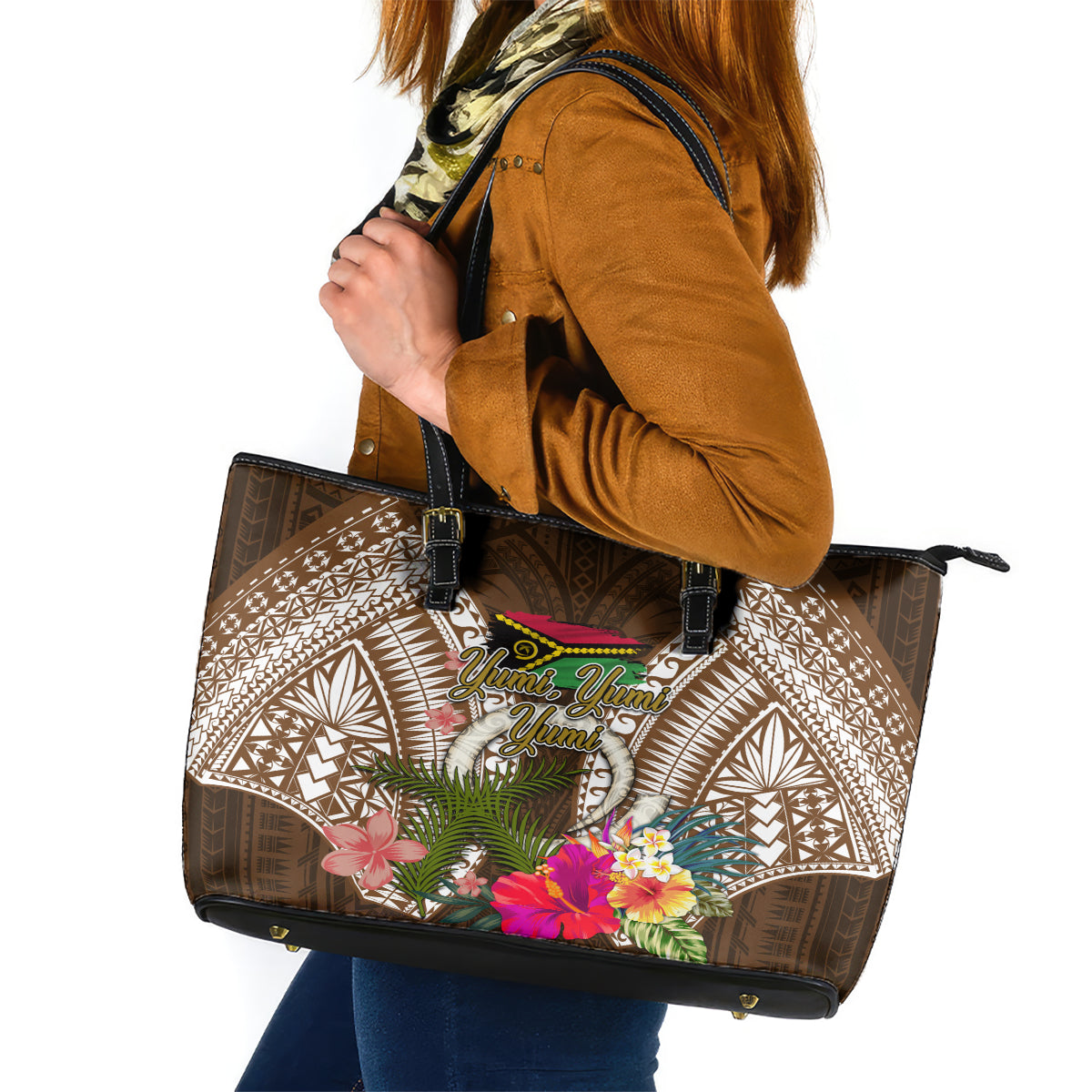 Vanuatu Selebretem 44th Indipendens Dei Leather Tote Bag Yumi Pig Tusk and Namele Fern LT03 Brown - Polynesian Pride