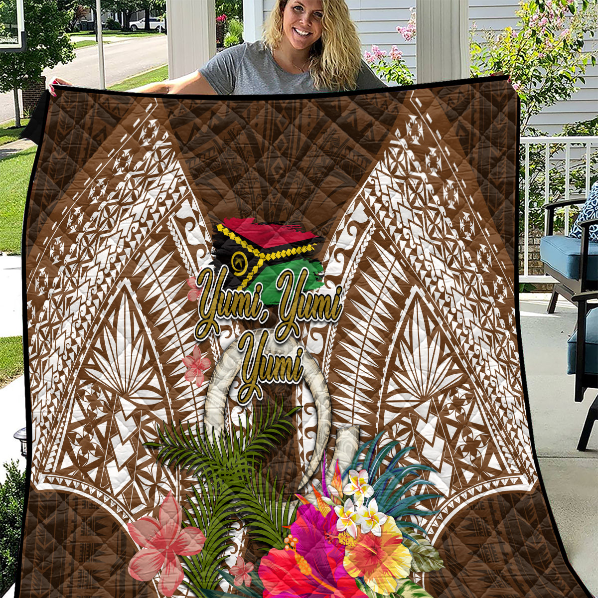 Vanuatu Selebretem 44th Indipendens Dei Quilt Yumi Pig Tusk and Namele Fern LT03 Brown - Polynesian Pride
