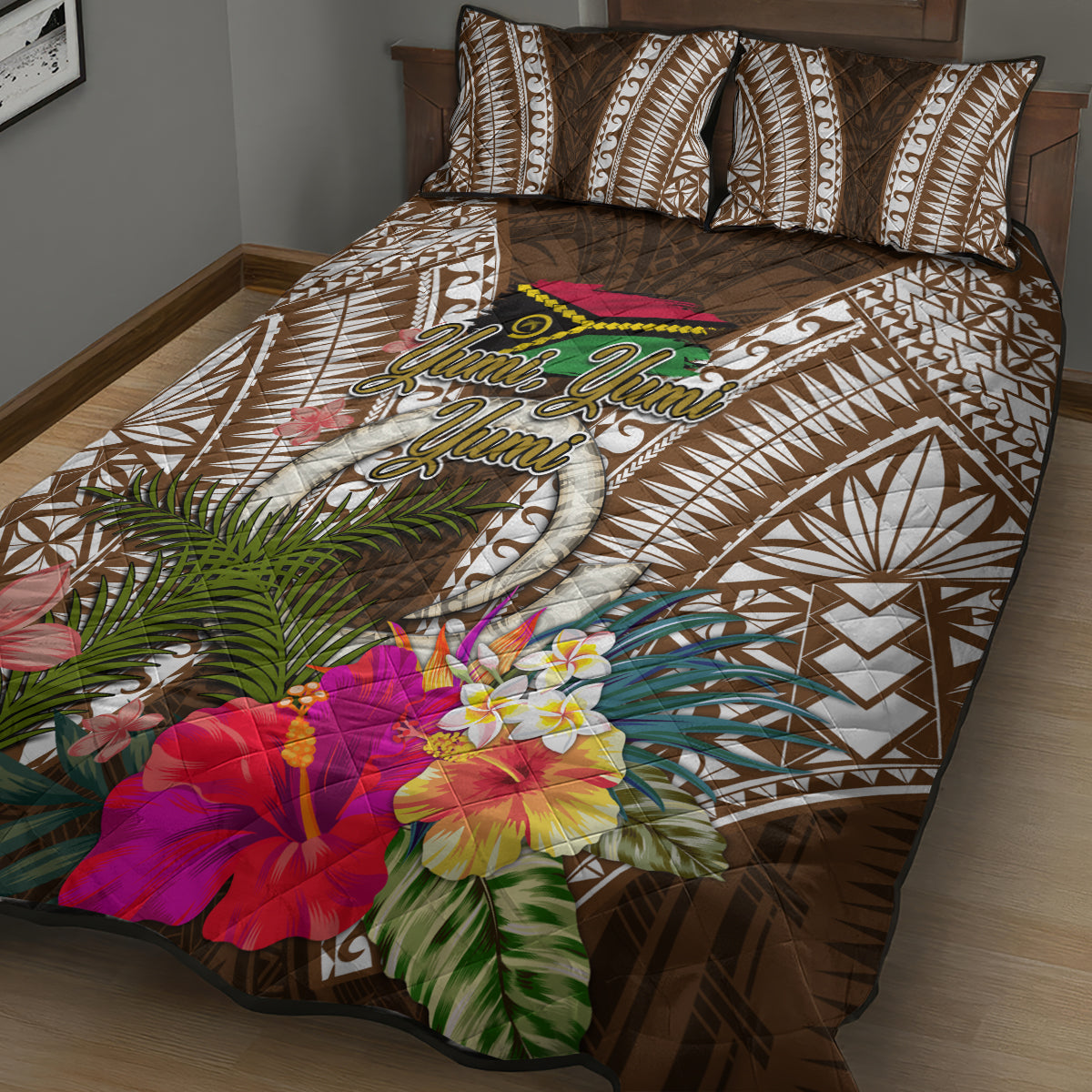 Vanuatu Selebretem 44th Indipendens Dei Quilt Bed Set Yumi Pig Tusk and Namele Fern