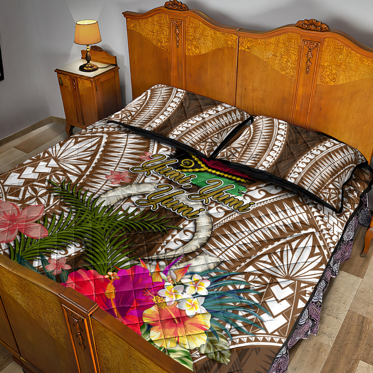 Vanuatu Selebretem 44th Indipendens Dei Quilt Bed Set Yumi Pig Tusk and Namele Fern
