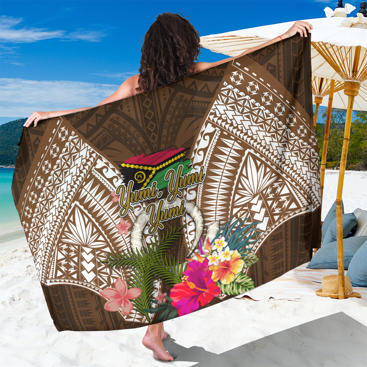 Vanuatu Selebretem 44th Indipendens Dei Sarong Yumi Pig Tusk and Namele Fern LT03 One Size 44 x 66 inches Brown - Polynesian Pride
