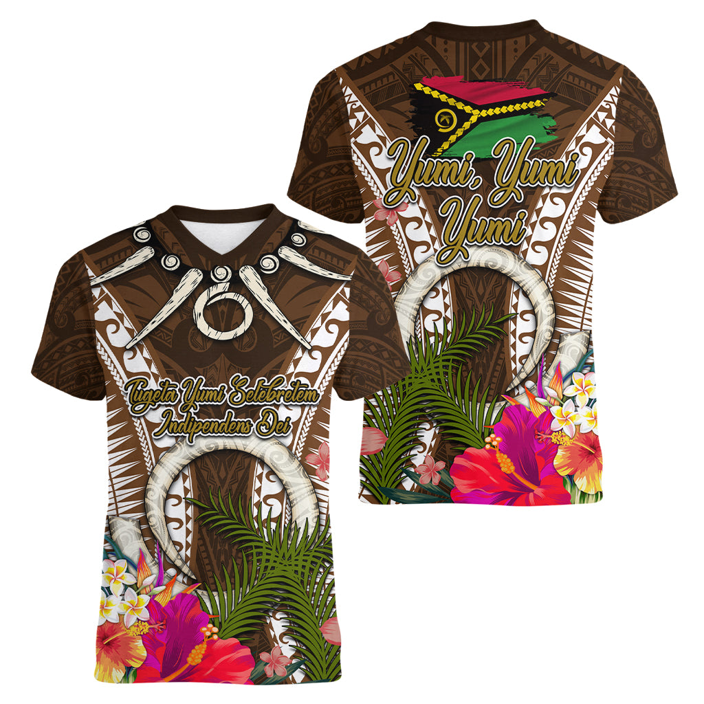 Vanuatu Selebretem 44th Indipendens Dei Women V-Neck T-Shirt Yumi Pig Tusk and Namele Fern