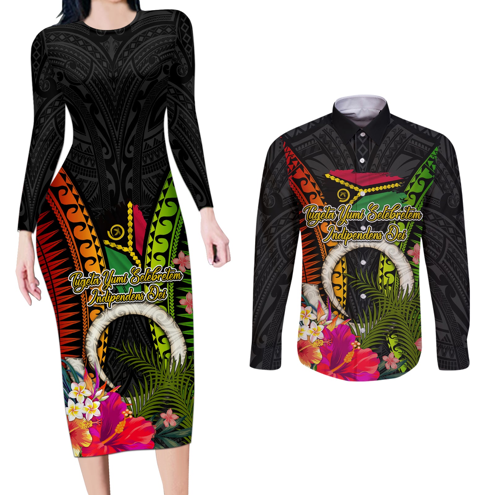 Vanuatu Independence Day Couples Matching Long Sleeve Bodycon Dress and Long Sleeve Button Shirt Tugeta Yumi Selebretem Indipendens Dei