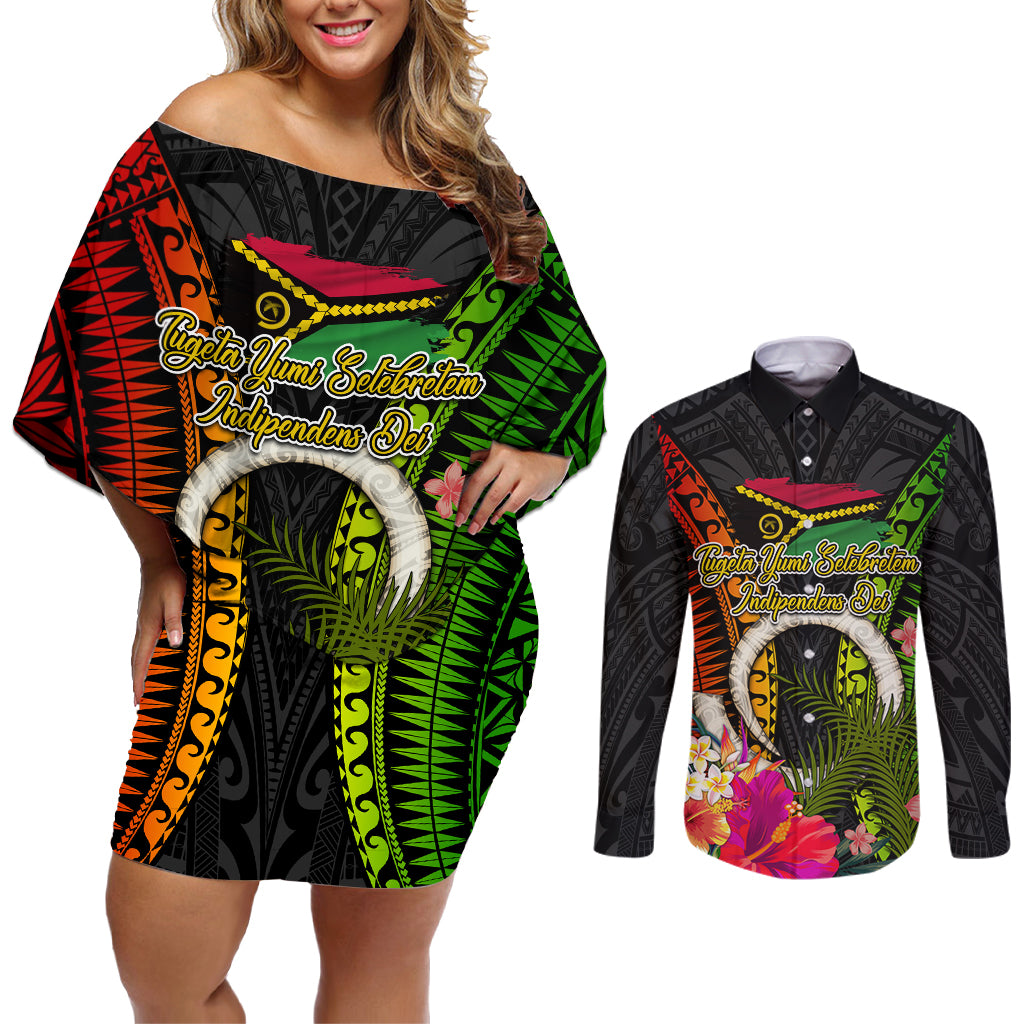 Vanuatu Independence Day Couples Matching Off Shoulder Short Dress and Long Sleeve Button Shirt Tugeta Yumi Selebretem Indipendens Dei