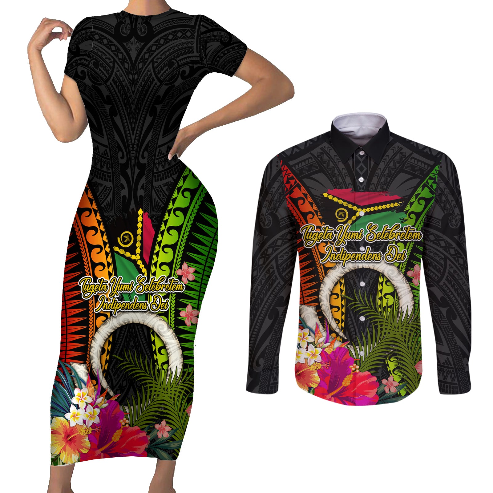 Vanuatu Independence Day Couples Matching Short Sleeve Bodycon Dress and Long Sleeve Button Shirt Tugeta Yumi Selebretem Indipendens Dei