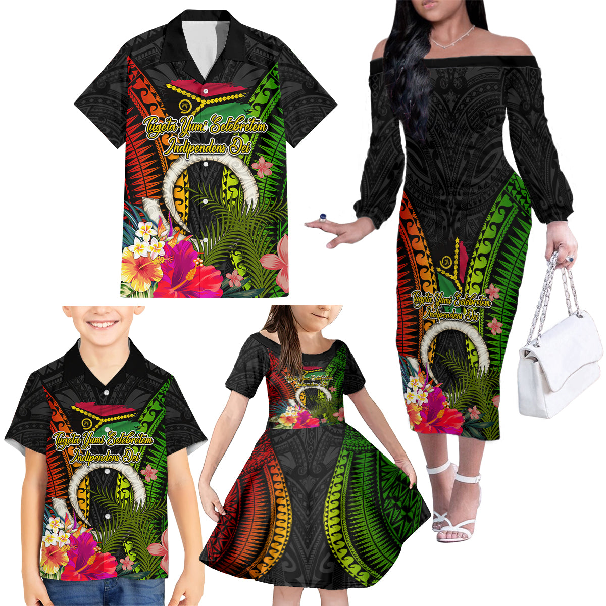 Vanuatu Independence Day Family Matching Off The Shoulder Long Sleeve Dress and Hawaiian Shirt Tugeta Yumi Selebretem Indipendens Dei LT03 - Polynesian Pride