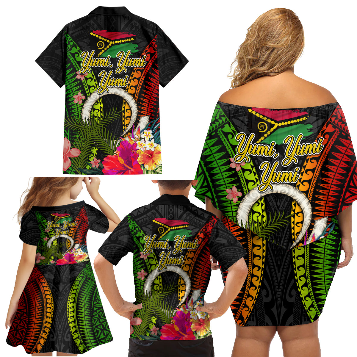 Vanuatu Independence Day Family Matching Off Shoulder Short Dress and Hawaiian Shirt Tugeta Yumi Selebretem Indipendens Dei