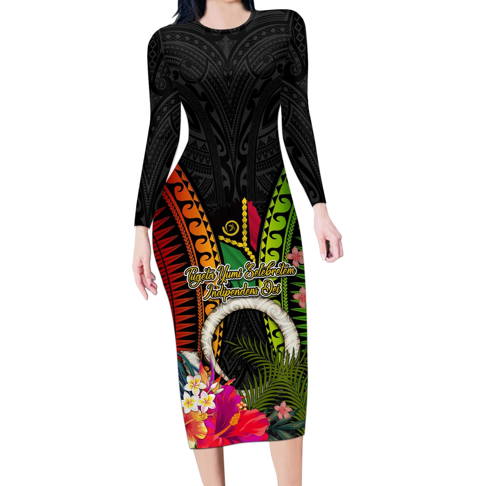 Vanuatu Independence Day Long Sleeve Bodycon Dress Tugeta Yumi Selebretem Indipendens Dei LT03 Long Dress Black - Polynesian Pride
