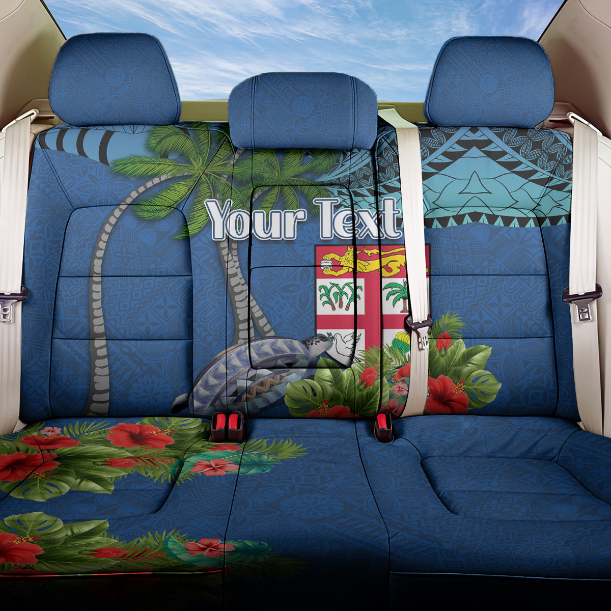 Personalised Fiji Independence Day Back Car Seat Cover Fijian Coat of Arms Palm and Hibiscus Tapa Pattern LT03