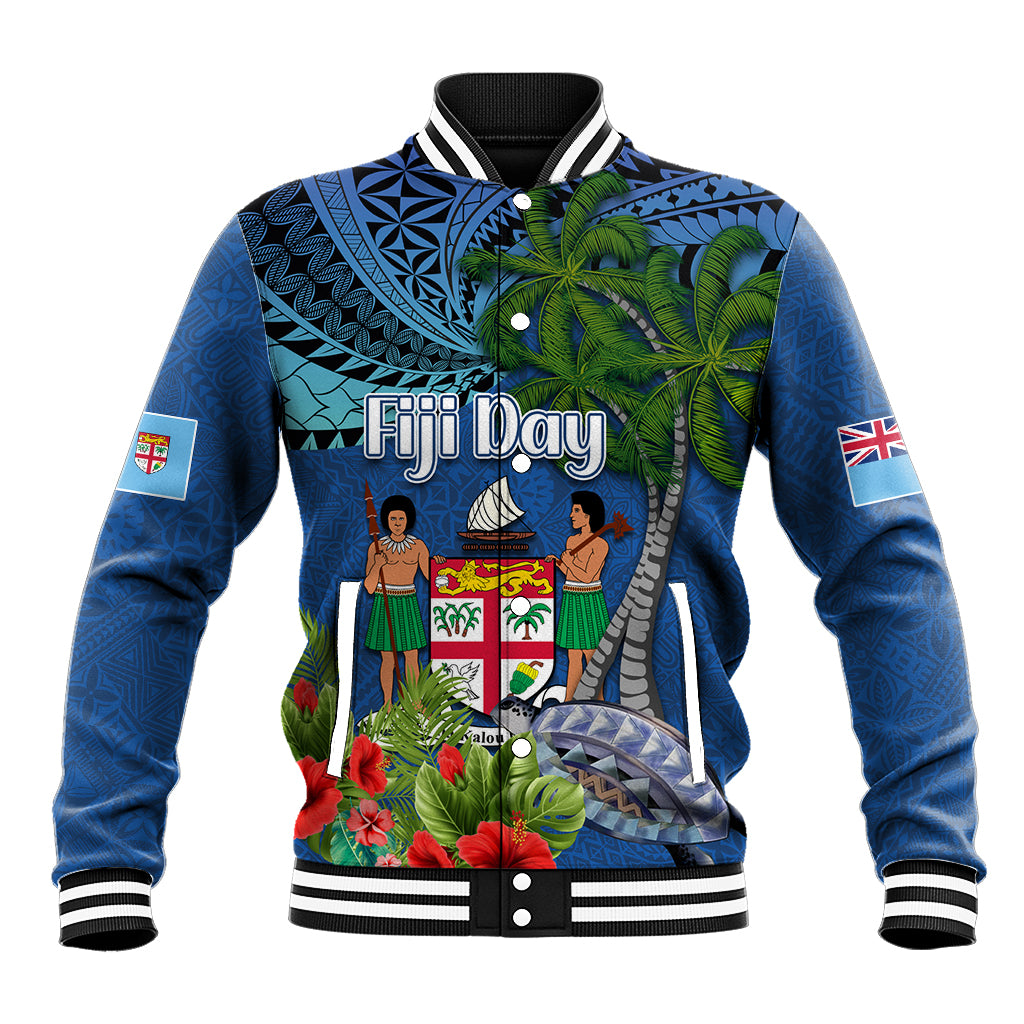 Personalised Fiji Independence Day Baseball Jacket Fijian Coat of Arms Palm and Hibiscus Tapa Pattern LT03 Unisex Blue - Polynesian Pride