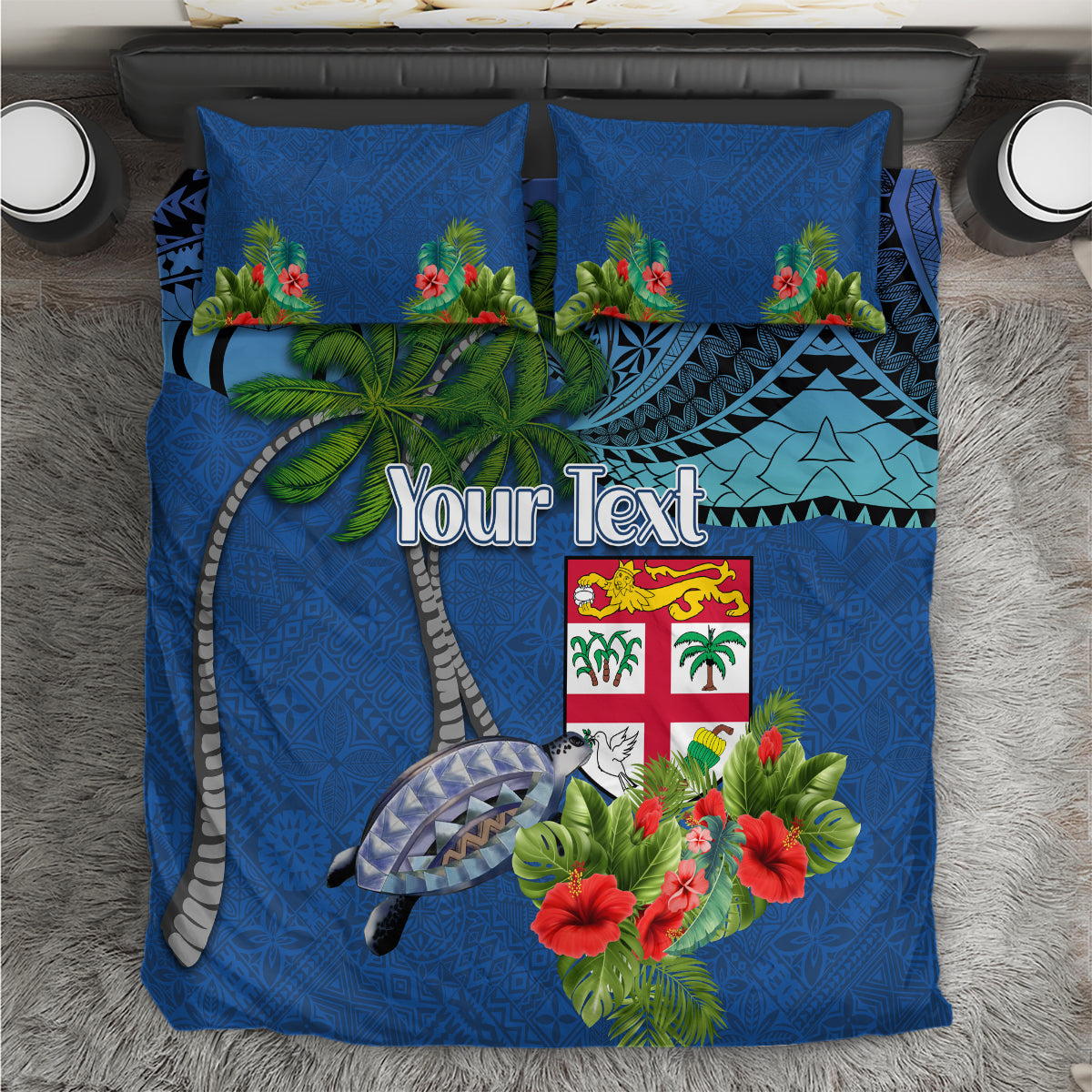 Personalised Fiji Independence Day Bedding Set Fijian Coat of Arms Palm and Hibiscus Tapa Pattern