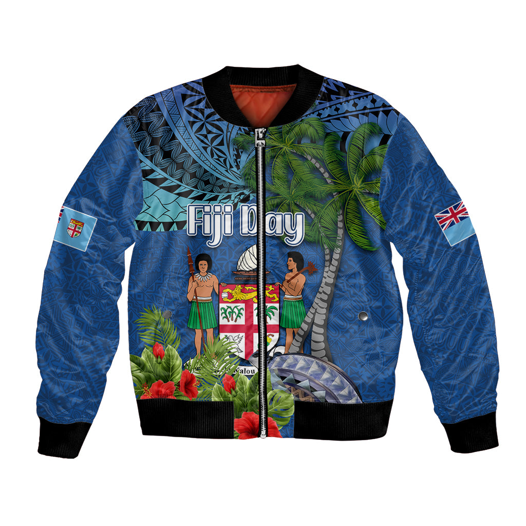 Personalised Fiji Independence Day Bomber Jacket Fijian Coat of Arms Palm and Hibiscus Tapa Pattern LT03 Unisex Blue - Polynesian Pride