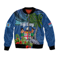 Fiji Independence Day Bomber Jacket Fijian Coat of Arms Palm and Hibiscus Tapa Pattern