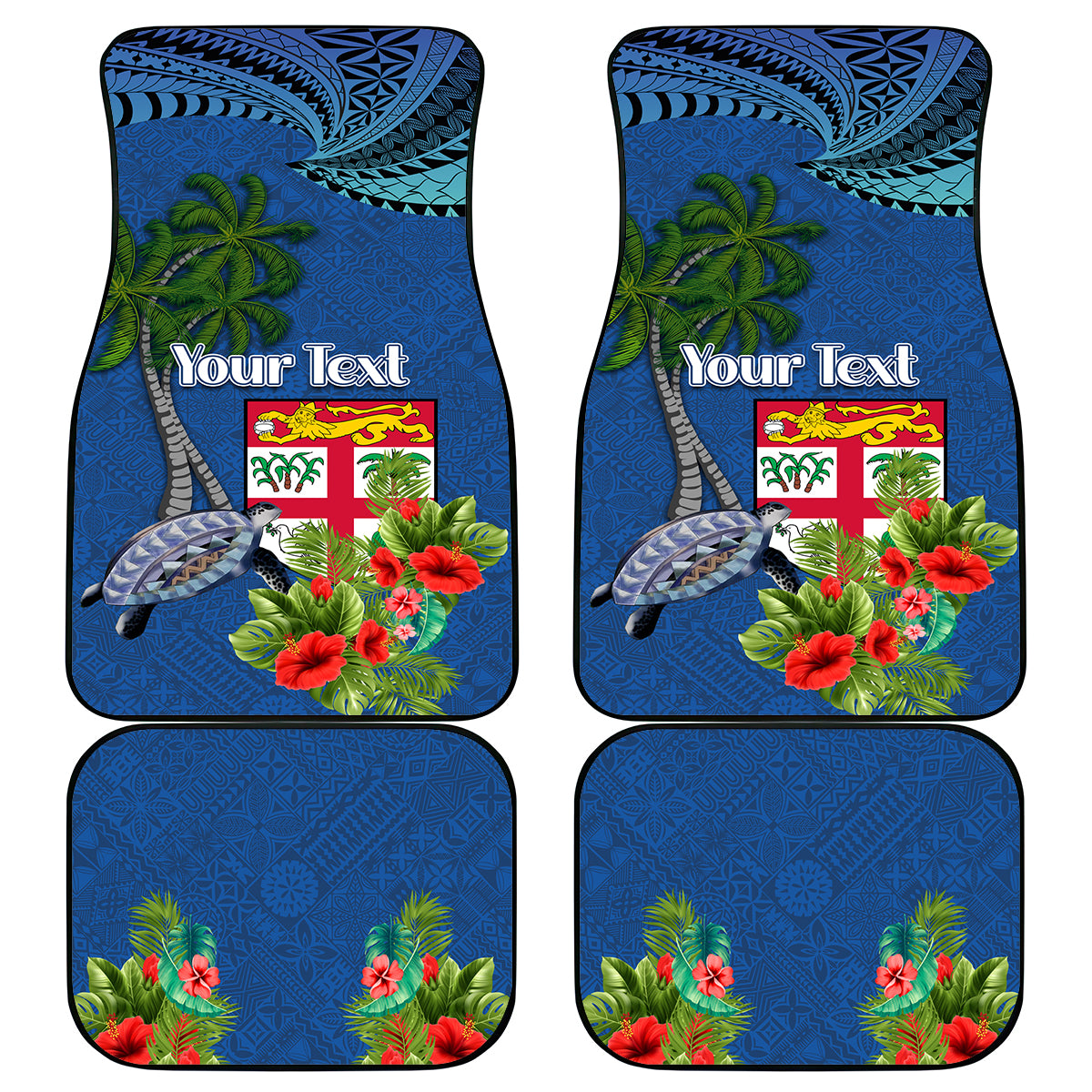 Personalised Fiji Independence Day Car Mats Fijian Coat of Arms Palm and Hibiscus Tapa Pattern