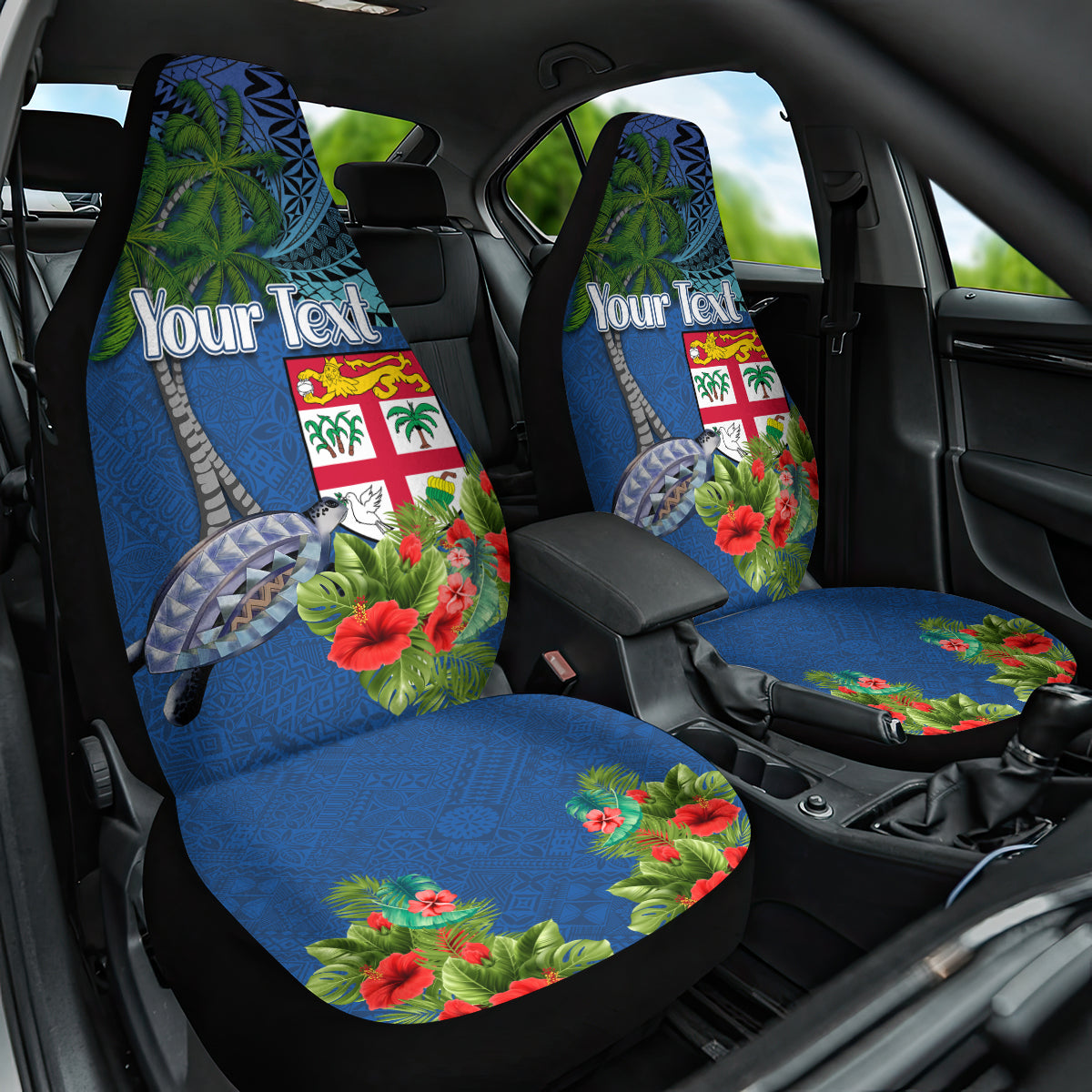 Personalised Fiji Independence Day Car Seat Cover Fijian Coat of Arms Palm and Hibiscus Tapa Pattern