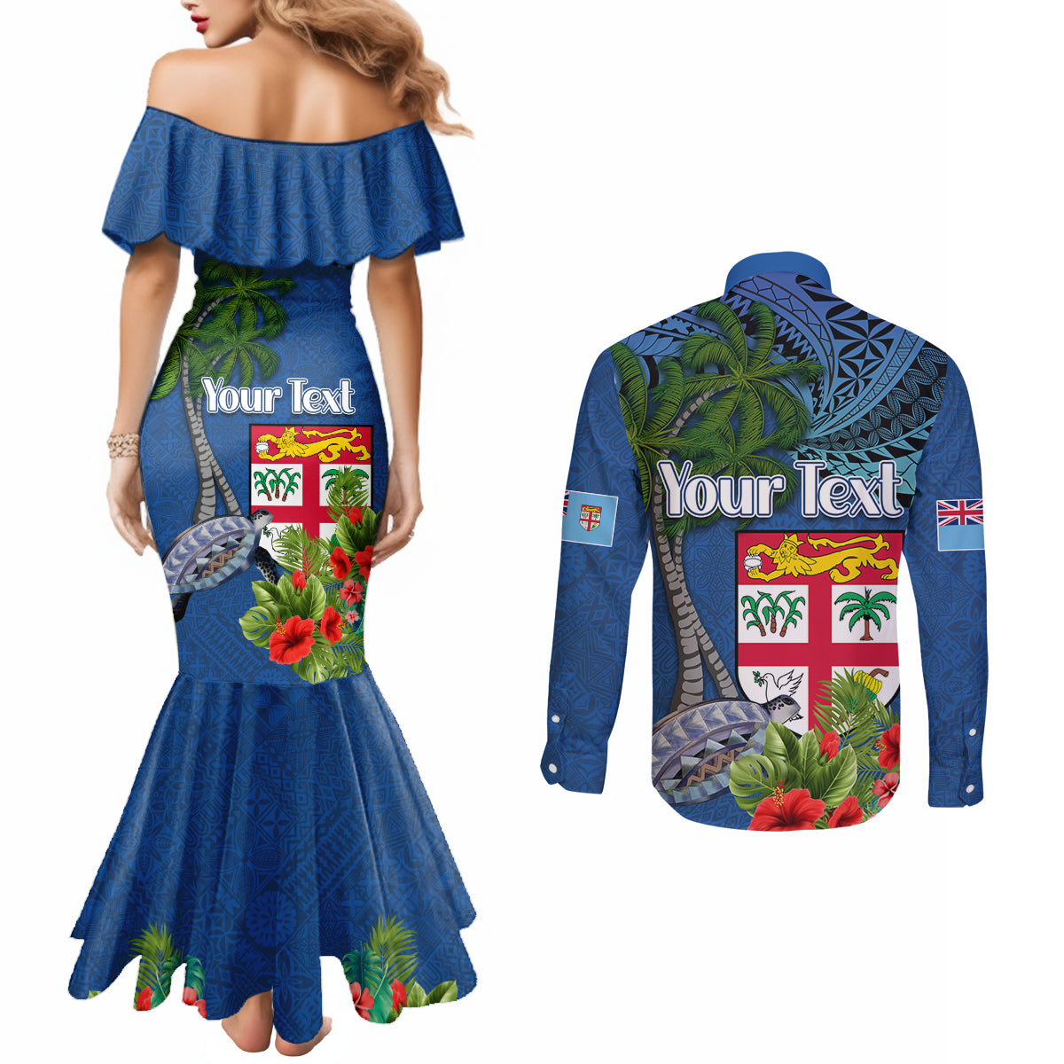 Fiji Independence Day Couples Matching Mermaid Dress and Long Sleeve Button Shirt Fijian Coat of Arms Palm and Hibiscus Tapa Pattern
