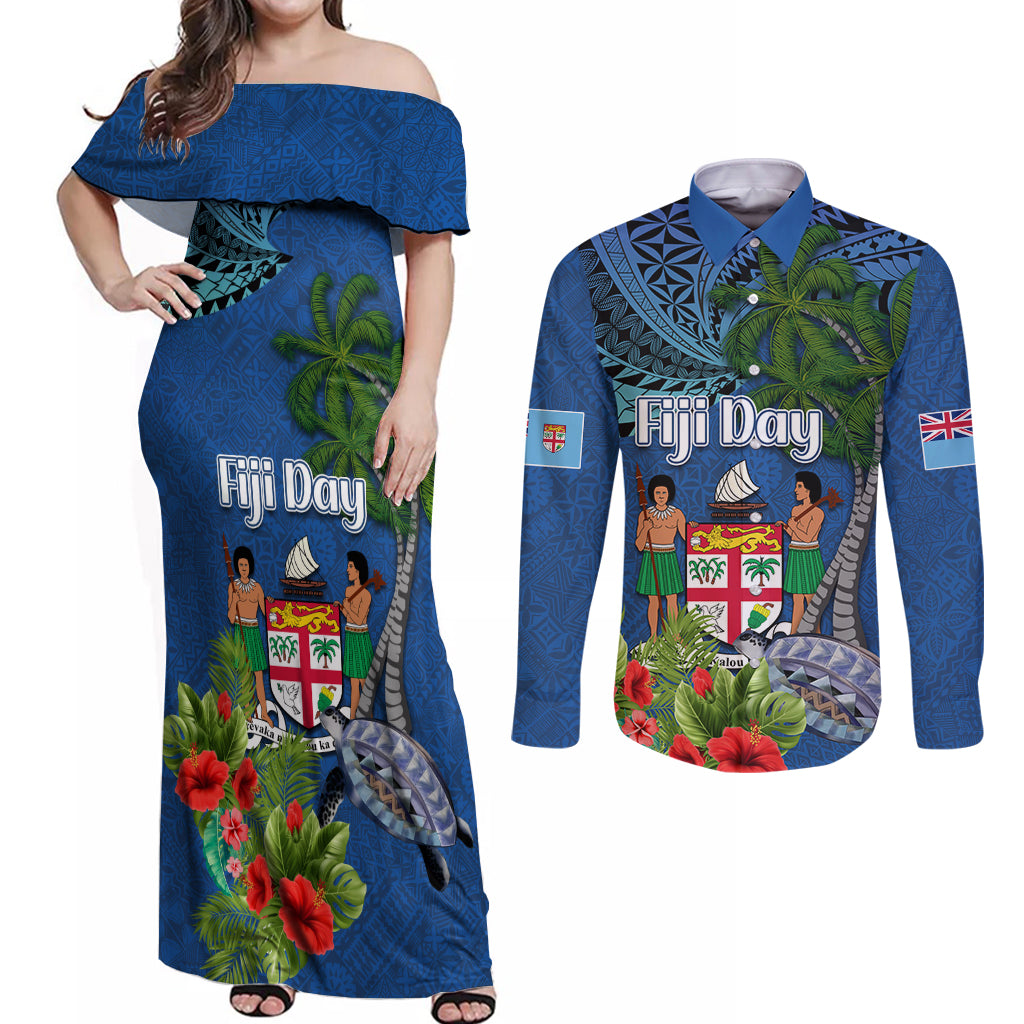 Personalised Fiji Independence Day Couples Matching Off Shoulder Maxi Dress and Long Sleeve Button Shirt Fijian Coat of Arms Palm and Hibiscus Tapa Pattern LT03 Blue - Polynesian Pride