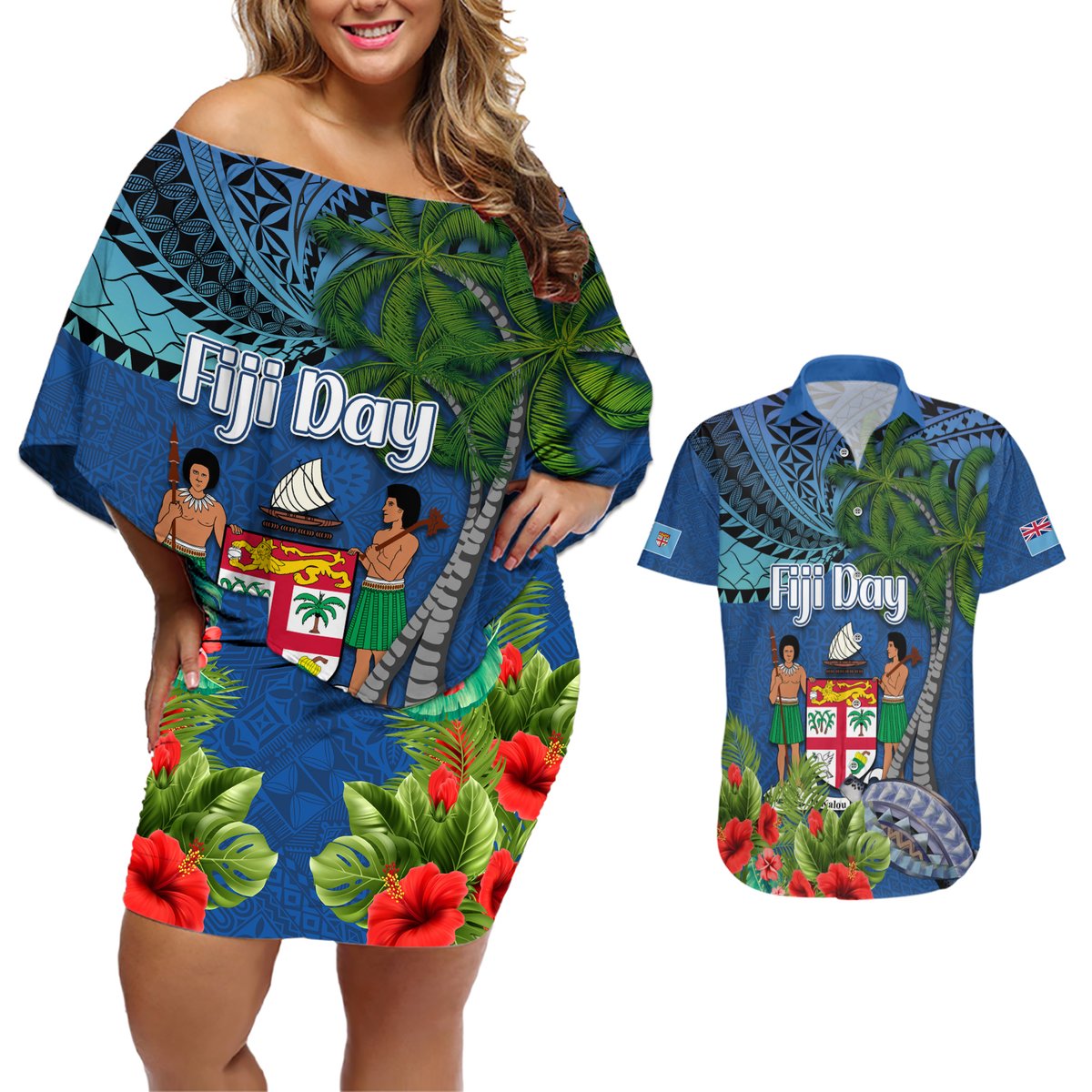 Personalised Fiji Independence Day Couples Matching Off Shoulder Short Dress and Hawaiian Shirt Fijian Coat of Arms Palm and Hibiscus Tapa Pattern LT03 Blue - Polynesian Pride