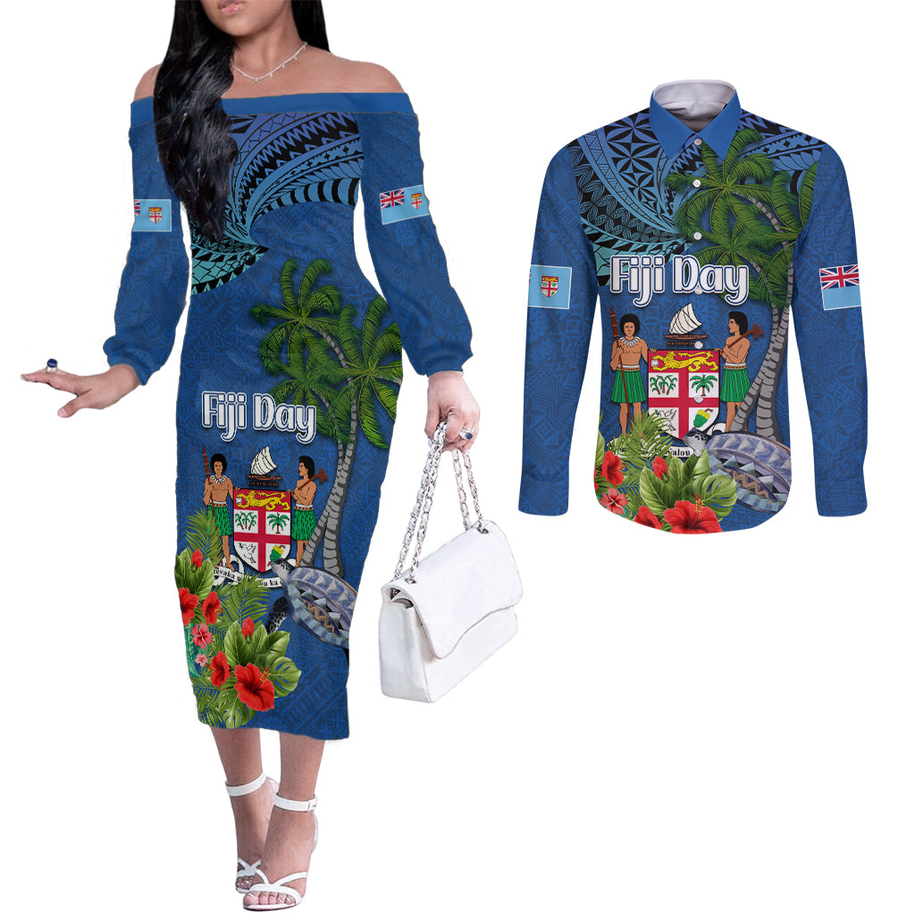 Fiji Independence Day Couples Matching Off The Shoulder Long Sleeve Dress and Long Sleeve Button Shirt Fijian Coat of Arms Palm and Hibiscus Tapa Pattern