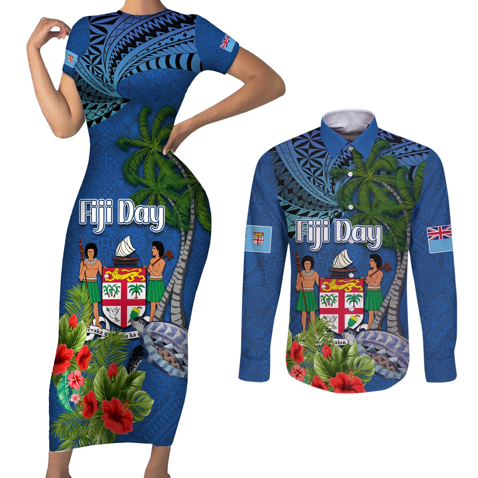 Personalised Fiji Independence Day Couples Matching Short Sleeve Bodycon Dress and Long Sleeve Button Shirt Fijian Coat of Arms Palm and Hibiscus Tapa Pattern LT03 Blue - Polynesian Pride