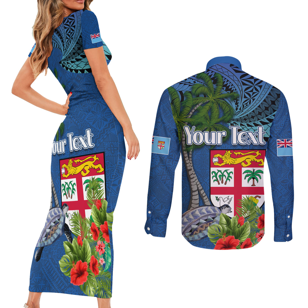 Fiji Independence Day Couples Matching Short Sleeve Bodycon Dress and Long Sleeve Button Shirt Fijian Coat of Arms Palm and Hibiscus Tapa Pattern