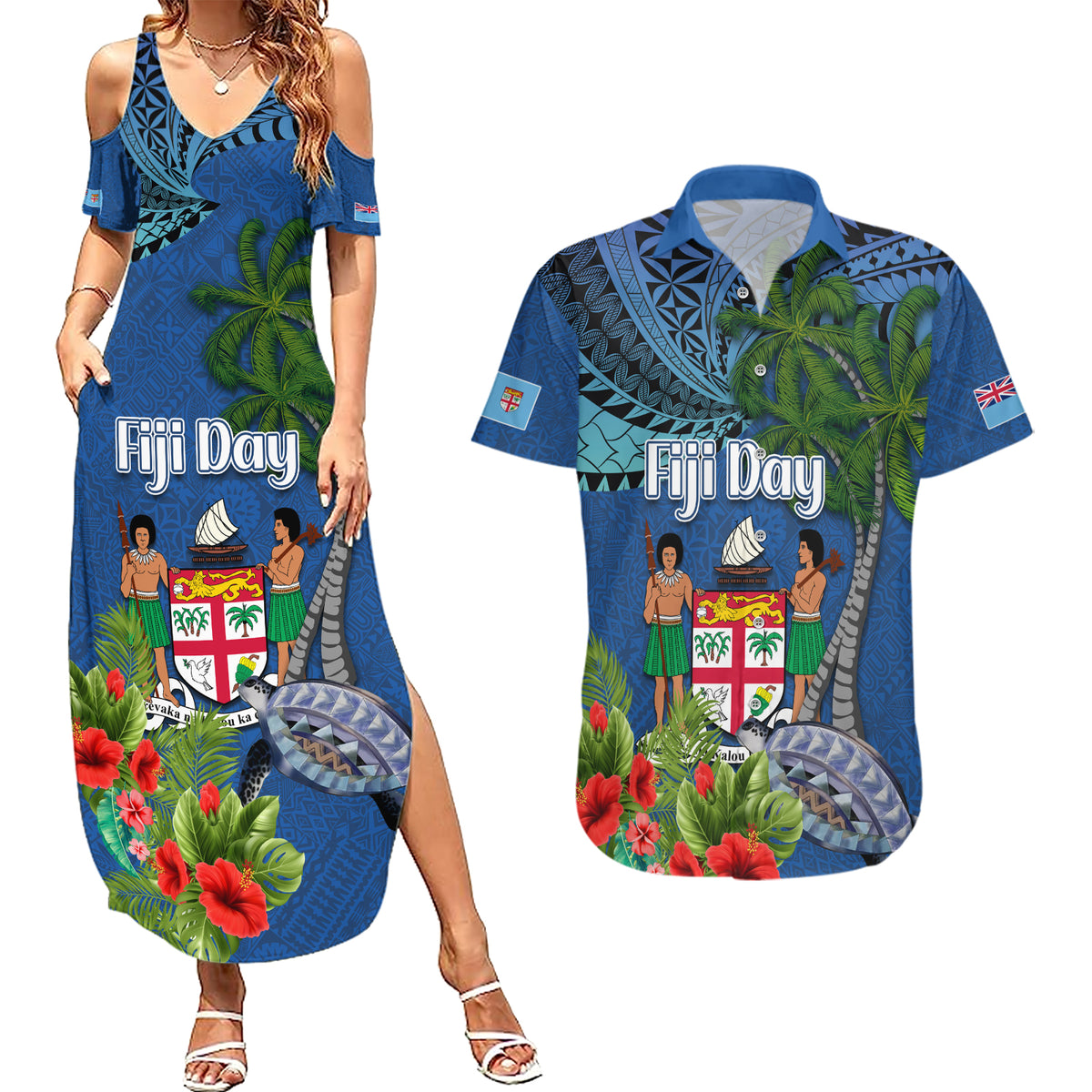 Fiji Independence Day Couples Matching Summer Maxi Dress and Hawaiian Shirt Fijian Coat of Arms Palm and Hibiscus Tapa Pattern